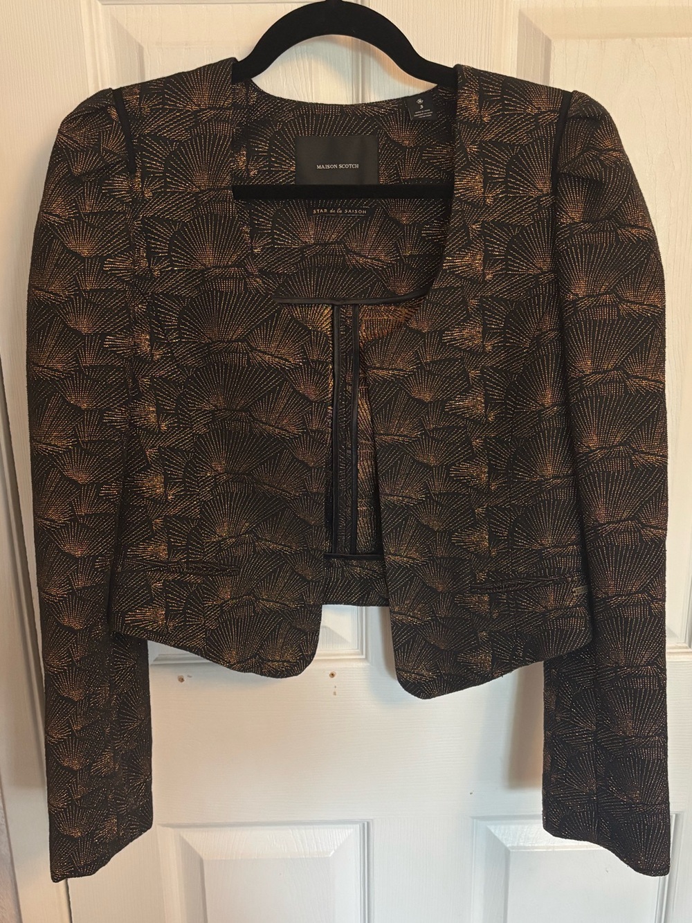 Scotch and Soda Black Gold Metallic Brocade Cropped Blazer Jacket, L